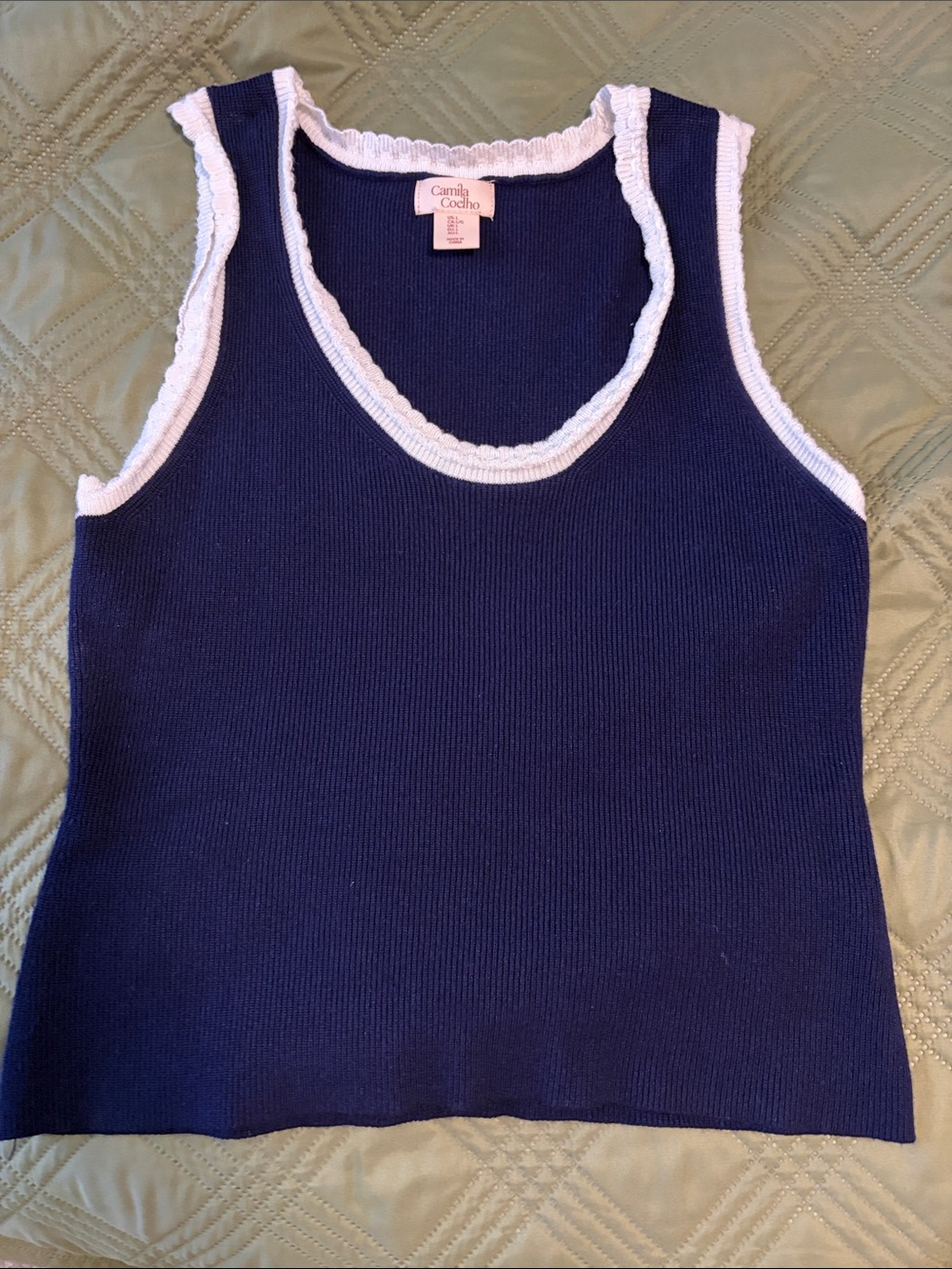 Camila Coelho Navy Tank with White Scalloped Trim